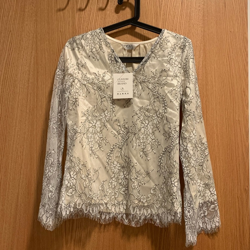 beautiful satin ivory shirt w white and black lace - Picture 1 of 6